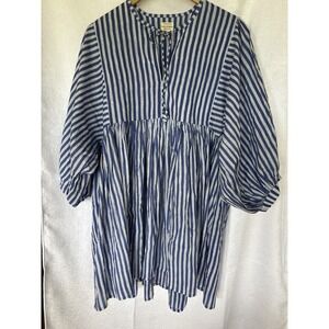 House of Sundar 100% Cotton Blue Stripe Babydoll Tunic Boho Puff Sleeve Top S